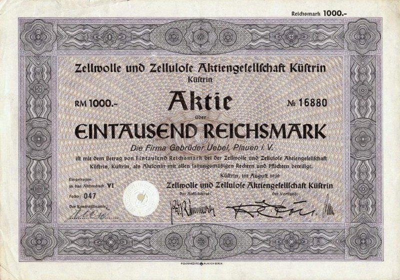 Zellstoff_und_Zellulose_AG_Kuestrin_Aktie_1000RM_1939