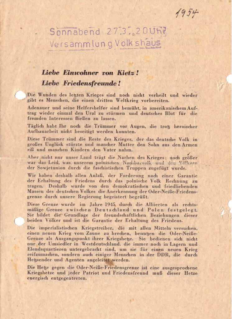 Friedensfelde Kietz Flyler 1954 Seite 1