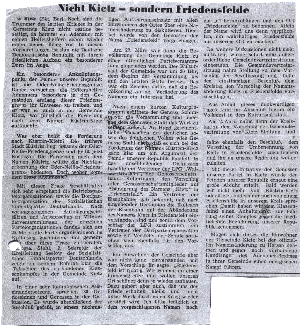 Zeitungsartikel 1954 Kietz Friedensfelde