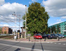 Blick von der Plantagen- in die Bahnhofstraße - Heute verläuft die Bahnhofstraße einige Meter weiter rechts als früher. Vor 1945 führte sie direkt an den Bäumen am Zaun entlang.