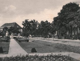 Blick von der Mitte des Rosegartens... - ... nach Norden, rechts die Wohnhäuser der Friedrichstraße, im Hintergrund steht das um 1938 neu errichtete Amtsgericht an der Friedrichstraße. Vorher war das Gericht in der Schloßkaserne untergebracht gewesen.