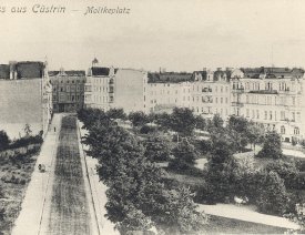 Überblick über den Moltkeplatz *1 - Zum Zeitpunkt dieser Aufnahme (wahrscheinlich aus dem Haus Moltkeplatz 22 heraus gemacht) um 1905 war der Platz erst spärlich bebaut. Fast alle gerade gesehenen Häuser, auf der Schiffbauerstraßen-Seite (hier links) fehlten noch.