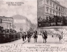 Bahnhofstraße mit Hotel Mark Brandenburg *4 - Der Bahnhof befindet sich im Rücken des Betrachters, Blick Richtung Plantagenstraße. Das Hotel wurde später zum Gemeindehaus der ev. Friedenskirchen-Gemeinde.