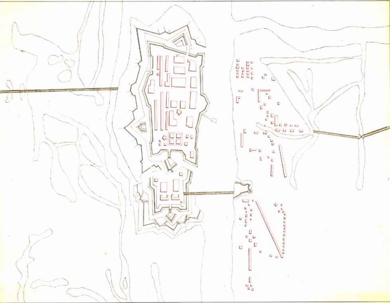 Historische Fotos von Küstrin Historische, handgezeichnete Pläne der Stadt / Festung - Plan der Festung und Umgebungskarte *2