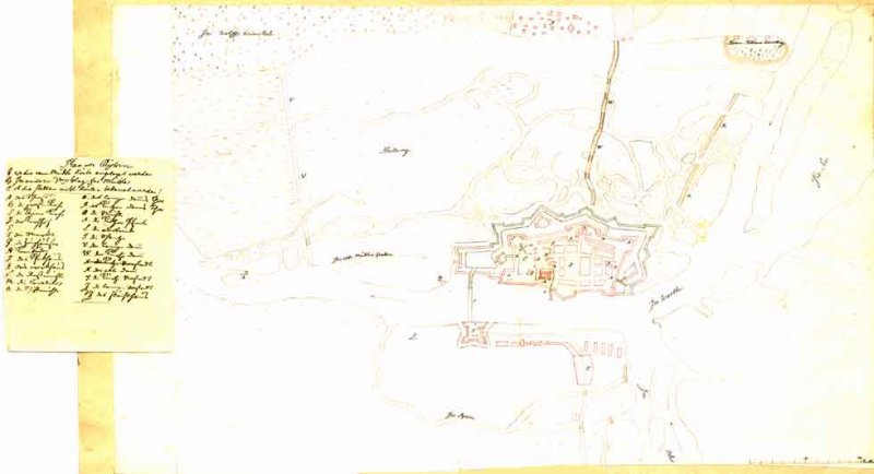 Historische Fotos von Küstrin Historische, handgezeichnete Pläne der Stadt / Festung - Umgebungskarte / Plan der Festung Küstrin *2