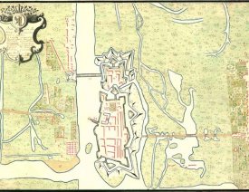 Plan der Stadt Cüstrin von 1728 *2 - Neben der Stadt und Festung Küstrin sind ebenfalls die Lange Vorstadt (oben links), der Kietz (unten links) und die Kurze Vorstadt (rechts) zu sehen.