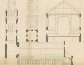 Grundrisszeichnung der Friedenskirche - von Architekt Fritz Gottlob (1859-1920); Druck; Quelle: ELAB 14/18848
