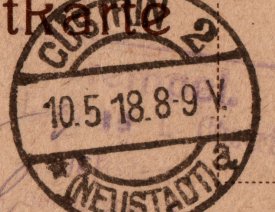 Poststempel "Cüstrin 2 (Neustadt)" 10.05.1918