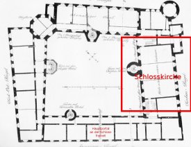 Grundriss des Schlosses - Quelle: Kunstdenkmäler der Provinz Brandenburg, Band VII, Teil 1, Kreis Königsberg, Heft IV, Die Stadt Küstrin; Erich Blunck, Dr. Georg Voß und Dr. Willy Hoppe; 1927