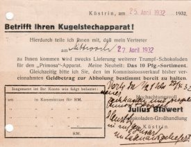 Firmenpostkarte Julius Blawert Küstrin Rückseite