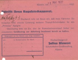 Firmenpostkarte Julius Blawert Küstrin Rückseite