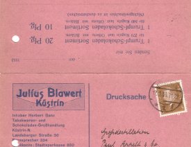 Firmen-Doppelpostkarte Julius Blawert Küstrin Vorderseite
