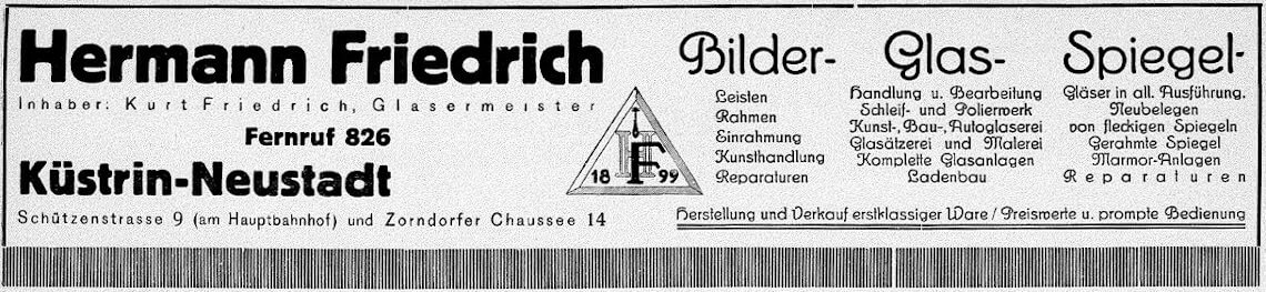 Anzeige 1932 Glaserei Hermann Friedrich Küstrin
