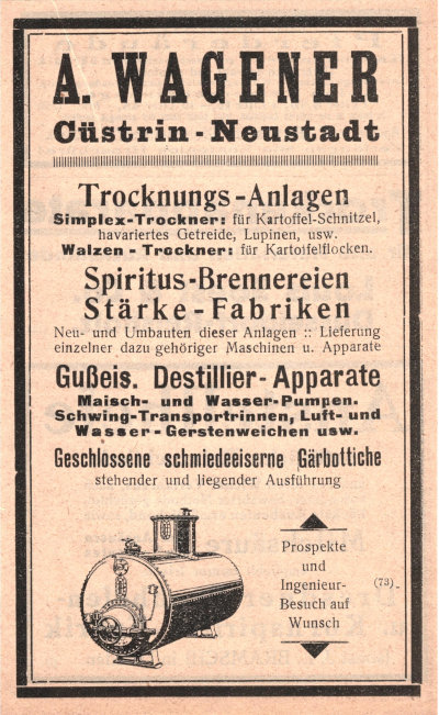 Werbeanzeige A. Wagener Cüstrin-Neustadt