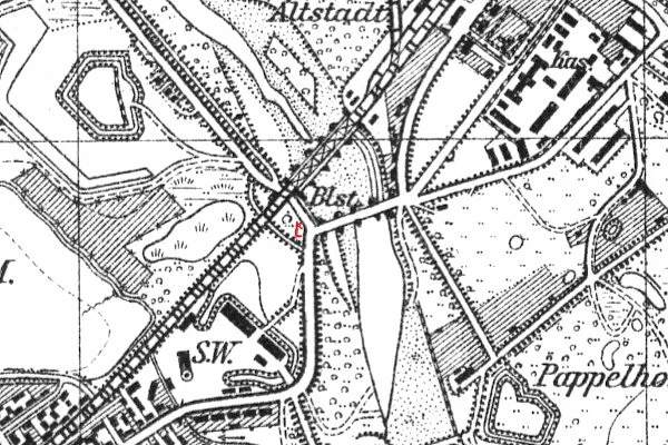 Standort des Unterhaltungsgrenzsteins in Küstrin auf einem historischen Plan