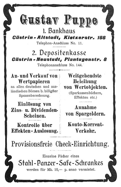 Werbeanzeige des Bankhauses Puppe, Küstrin von 1909