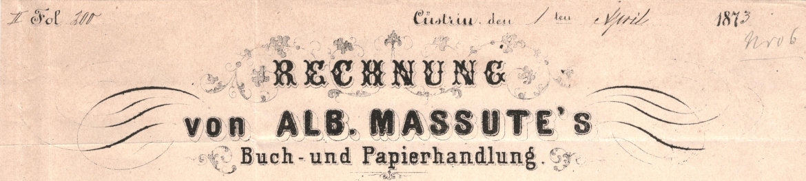 Albert Massutes Buch- und Papierhandlung Cüstrin 1873
