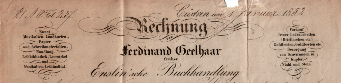 Buchhandlung Ferdinand Geelhaar Cüstrin 1852