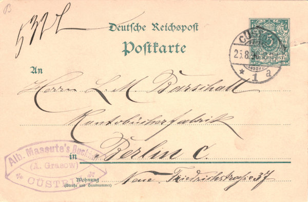 Postkarte Albert Massutes Buchhandlung A. Grasow von 1896