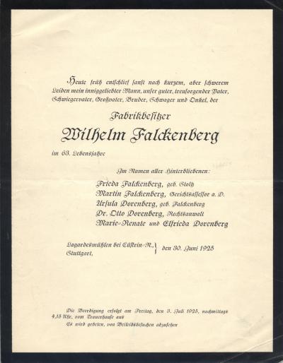 Todesanzeige Wilhelm Falckenberg 1925